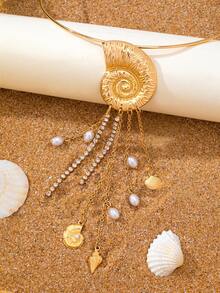 1pc Women's Fashion Shell Tassel Choker Necklace, Suitable For Daily And Vacation Wear - Conch Tassel Golden Yellow - View 5