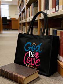 「God Is Love」主題印花女款托特包套組，基督教宗教帆布包附拉鍊，大容量沙灘包與化妝包，時尚單肩包手提包，適合旅行、購物與日常使用，適合基督徒、信仰愛好者與宗教女性，理想的節日禮物與生日禮物 - 彩色 - 查看 5