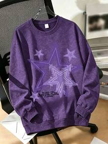 Girls Versatile Snowflake Round Neck Long Sleeve Star Print Casual Sweatshirt, Comfortable Fashionable Student Teenager Casual Pullover, Suitable For Autumn And Outdoor Activities - Purple - View 2