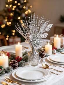 6pcs/1pc Silver Christmas Tree Decoration Set, Artificial Glitter Berry Sprigs, Suitable For Christmas Tree Decoration, Gifts, Small Vases, Home Holiday, Wedding Party Decor; Christmas Decoration, Artificial Glitter Christmas Tree Decoration Sprigs, Includes 5 Artificial Glitter Berry Sprigs And 1 Glitter Berry Flower Ornament, For Christmas Tree, Gifts, New Year's Eve Decor - Silver - Silver - View 2