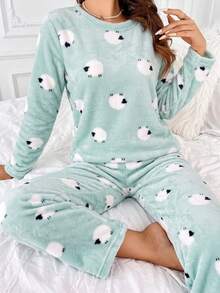 Women's Flannel Pajama Set, Thermal Lined Cute Animal Print Round Neck Long Sleeve Top + Long Pants 2 Pieces Set, Thermal Lined Pajama Set - Multicolor - View 4