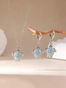 GEREIT 3pcs 18K Gold Plated Stainless Steel Drip Oil Sea Turtle Earrings & Necklace Set, Suitable For Beach Vacation Wear - Multicolor - View 10