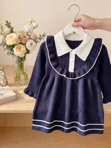 Baby Girl Colorblock Lapel Long Sleeve Patchwork Ruffle Cute Knit Dress - Blue - View 6