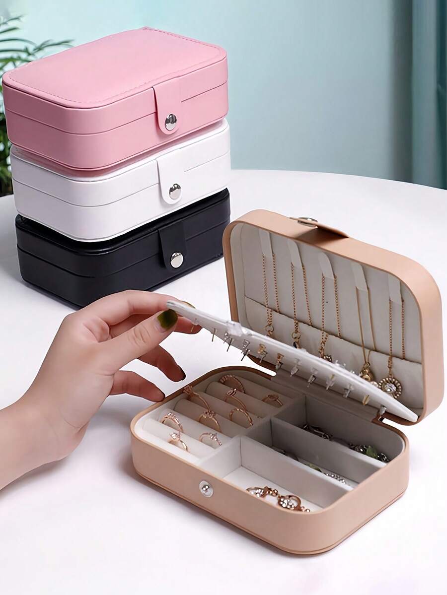 1pc Portable Double-Layer Pu Leather Jewelry Storage Box With Mini Travel Case For Women/Girls, Suitable For Earring/Ring/Necklace/Bracelet Display & Organizing Valentine Day Back To School, Room Decor