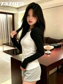 女款拼色網格拼接長袖上衣，復古酷感透視修身內搭T恤，秋季 - 黑色 - 查看 3