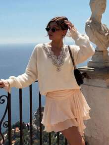 VIBEWAVE Loose V-Neck Lace Rhinestone Embellished Beige Knit Sweater, European And American Luxury Vacation Style Ruffle Long Sleeve Top, Soft Pullover For Spring And Autumn Beach Travel, Dating And Store Visiting - Apricot - View 4