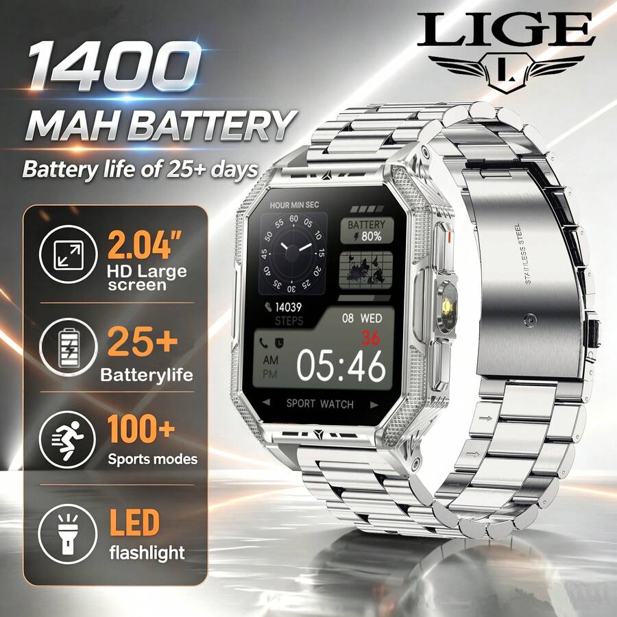 LIGE Fashion Smart Watch Terbaru Kapasitas Ultra Besar 1400mAh, 100+ Mode Olahraga, Senter LED, Kompas, Panggilan Telepon, Tahan Air, Prakiraan Cuaca, Pelacak Olahraga, Jam Tangan Olahraga Pintar Multifungsi Unisex - View 1
