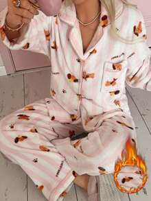 2pcs/Set Women's Winter Striped Puppy Pattern Plush Thickened Thermal Lined Lapel Long Sleeve Top And Long Pants Pajama Set - Pink - View 1