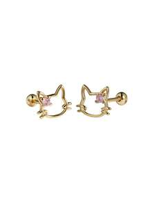 Artepollo 925 Sterling Silver 14K Gold Plated Hollow Cat Stud Earrings, Pink Round Zirconia, Gift Box Packed For Daily Party Women Girls Cute Jewelry - Cat - View 9