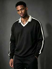Men's Spring/Autumn Super Popular Minimalist Contrast Color Lapel Long Sleeve Polo Shirt - Black - View 1