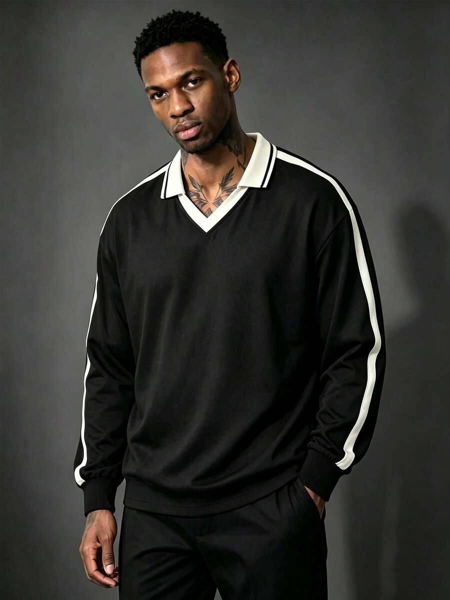 Men's Spring/Autumn Super Popular Minimalist Contrast Color Lapel Long Sleeve Polo Shirt - Black - View 1