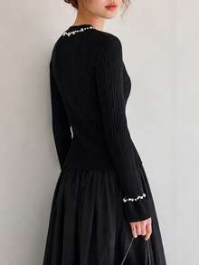 Women's Autumn/Winter Casual Elegant Lady Style Beaded Design Round Neck Cardigan Knit Sweater - Black - View 2