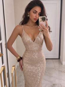 Women's Elegant Sequin Long Dress, Sexy Deep V-Neck Backless Spaghetti Strap Mermaid Tail Evening Gown, Formal Party Dress, Birthday Party Dress, Wedding Dinner Dress - Champagne - View 4