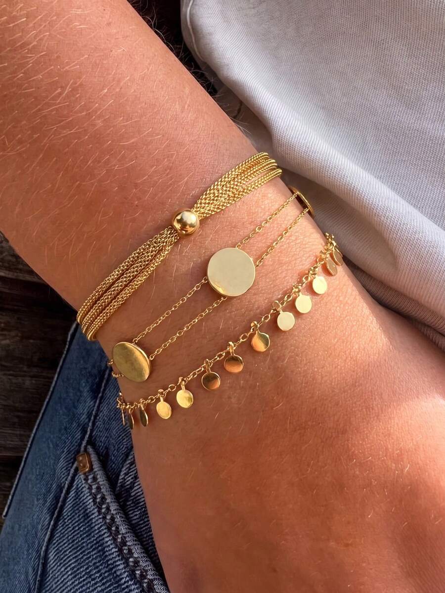 3pcs/Set Gold-Tone Round Pendant Bracelet, With Sequin Tassel Decoration, Metal Disc Bracelet, Minimalist Style, Adjustable Size, Suitable For Daily Wear, Commuting, And As A Versatile Gift For Girlfriend, Family And Friends - Bracelet - View 1