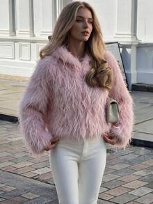 Faux Fur Hooded Long Sleeve Short Loose Jacket, Casual Commute Outerwear, Autumn/Winter Fashion - Pink - View 7