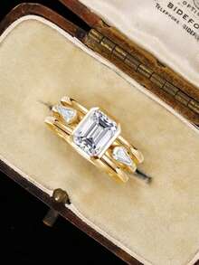 1pc Women's Emerald Cut Cubic Zirconia Ring Set, Suitable For Wedding, Engagement, Anniversary, Party Wear, Valentine's Day Gift, No Packaging Box - Gold - View 3