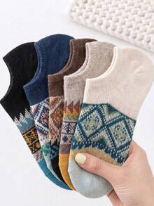 1/3/5/10 Pairs Unisex Geometric Pattern Invisible Short Socks, Bohemian Style Short Socks, Vintage Non-Slip Invisible Socks, Suitable For Daily Casual Wear - Multicolor - View 1