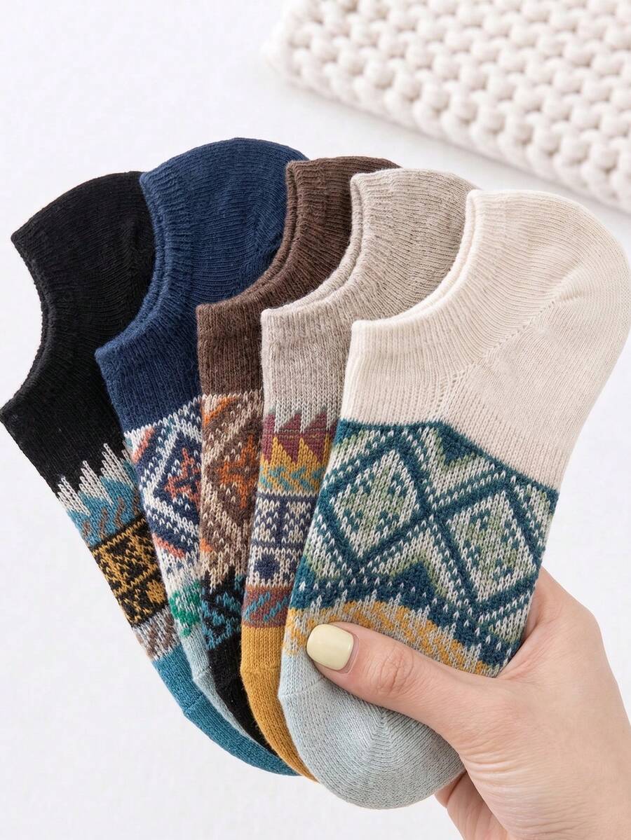 1/3/5/10 Pairs Unisex Geometric Pattern Invisible Short Socks, Bohemian Style Short Socks, Vintage Non-Slip Invisible Socks, Suitable For Daily Casual Wear - Multicolor - View 1
