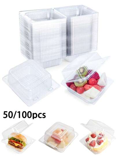 50/100 piezas Contenedores de plástico transparente para alimentos con tapas, cajas desechables de sándwich con tapa abatible reforzada, adecuadas para porciones de pastel, postres, hamburguesas, ensaladas, pasteles, frutas, bandejas para llevar