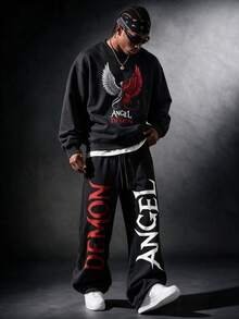 SU ER Men's Summer Crew Neck Casual Pullover Sweatshirt And Casual Long Pants Set - Black - View 2