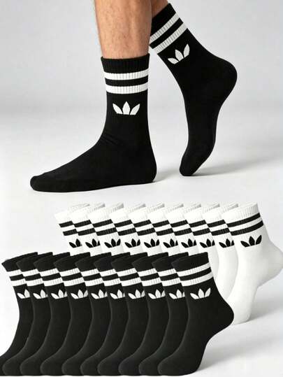1/5/10 Pairs Men's Mid-Calf Striped & Solid Color Sports Socks, Couple Style, Breathable & Moisture-Wicking, Suitable For Daily Wear, Sports & Back To School Season, Casual Unisex Socks