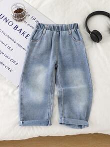 Young Boy Denim Jeans, 2-7 Years Old Elastic Waist Loose Fit Jeans, Back Pocket Dog Embroidery, Light Wash, Casual Daily Wear - Medium Wash - View 4