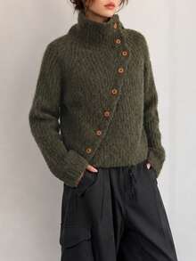 Jaket Kardigan Rajut Depan Asimetris Minimalis Kasual Musim Gugur/Dingin Wanita - Dark Green - View 3
