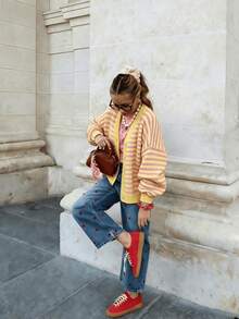 Women's Striped Cardigan Knit Sweater, Long Sleeve Button-Up Casual Loose Top Suitable For Autumn/Winter, Beach, Party And Holiday Wear Fall - Pale Yellow - View 3