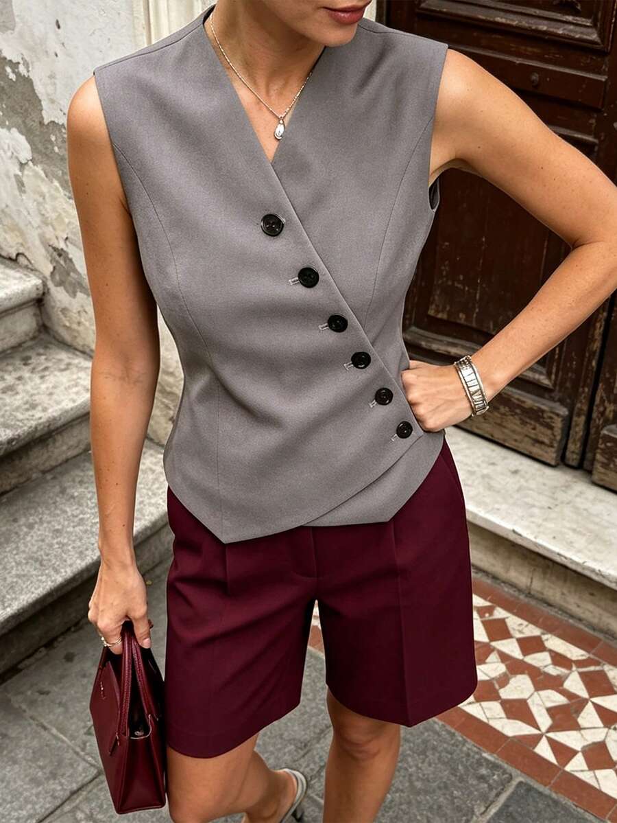 Amyenjoylife Spring/Summer Women's Asymmetric Button Placket Casual Blazer Vest Crop Top Old Money Style Rave Business Casual - Grey - View 1