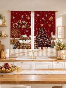 2Pcs Burgundy Christmas Town Snow Scene Gold Snowflake Christmas Tree Merry Christmas Print Pattern Curtains, Semi-Sheer Rod Pocket Holiday Window Decor, Suitable For Living Room And Bedroom, Rod Not Included - Scenery - View 6