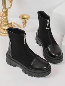 WTKMRSSTEP Fashion Colorblock Women's Ankle Boots With Rhinestone Decor, Zipper, Thick Platform Sole, Retro Casual Height-Increasing Elastic Boots - Black - View 6