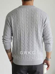 GRKC 中性休閒寬鬆極簡百搭純色粗針編織圓領套頭長袖毛衣，適合春秋冬季 - 灰色 - 查看 5