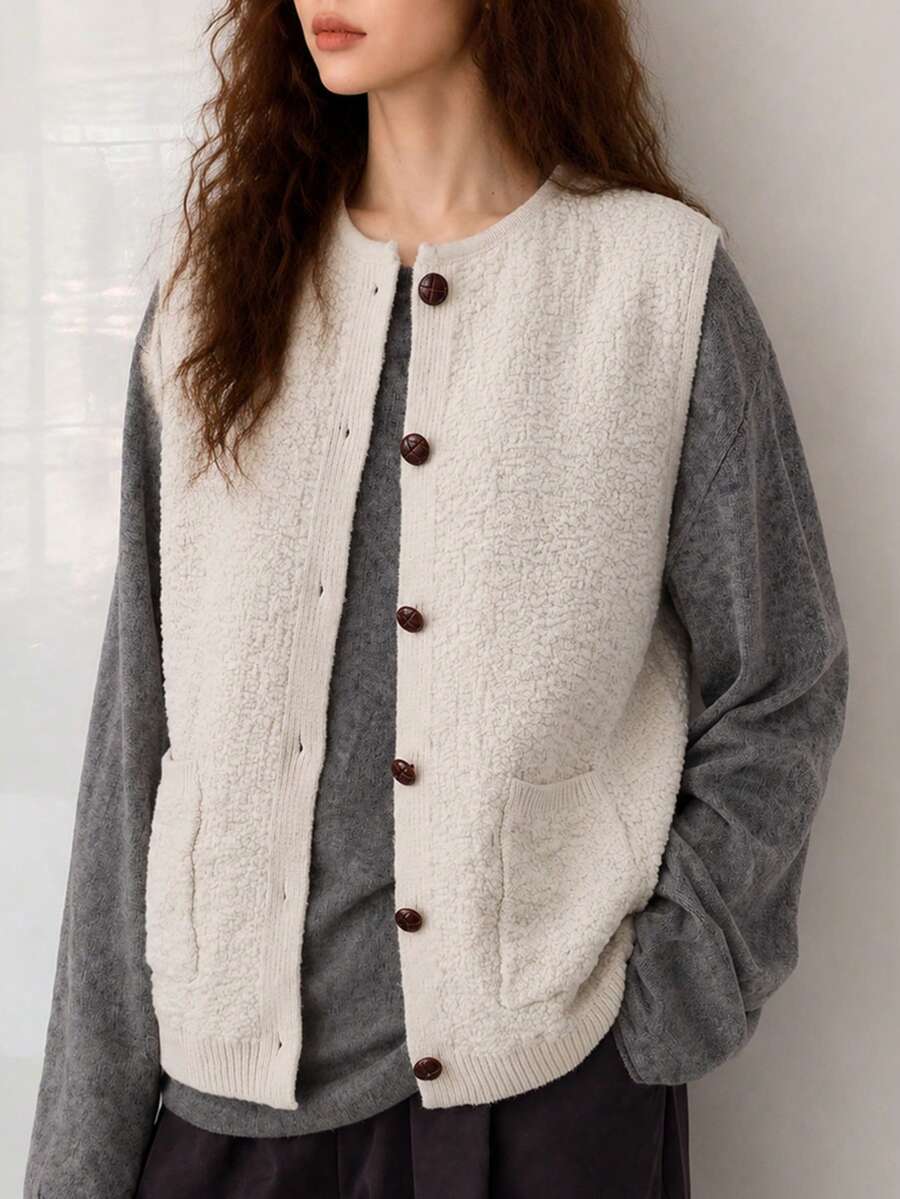 Women's Autumn Minimalist Elegant Button Knit Vest Cardigan - Oatmeal - View 1