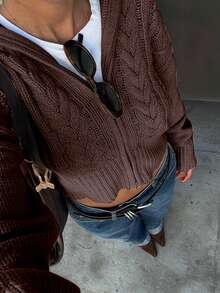 Senya Autumn/Winter New Vintage Oversized Lapel Double Zipper Cable Knit Cardigan, Loose Drop Shoulder Casual Short Commuter Sweater Fall - Coffee Brown - View 4