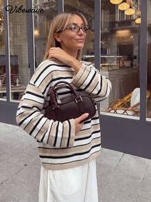 VIBEWAVE Color Block Striped Crew Neck Knit Pullover, Pink White Wine Red, Drop Shoulder Wide Sleeve, Relax Casual Sweater - Apricot - View 2