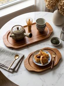 1pc Acacia Wood Tray, Serving Plate, Wooden Plate With Handle, Tray, Can Be Used As Breakfast Tray, Cheese Tray, Coffee Tray, Serving Tray, Dinner Plate, Storage Tray, Suitable For Home Decor, Kitchen Countertop, Coffee Table Display, Kitchen Gadget, Bathroom Storage, Autumn Decor, Easy To Clean, Perfect For Halloween, Christmas, Housewarming Gift - Brown - View 3