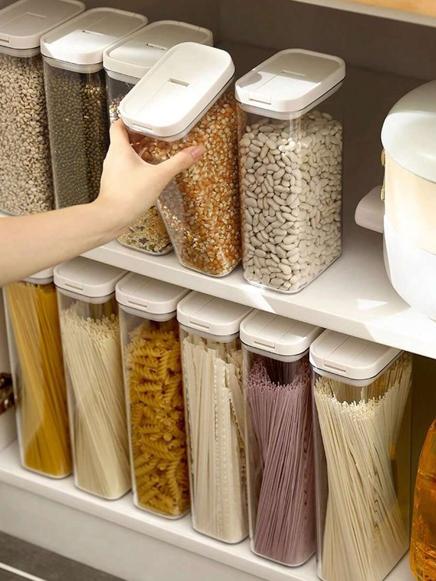 1pc/Set Kitchen Airtight Storage Canister, PET Material Dust-Proof Waterproof Pest-Proof Grain Jar, Stackable Fridge Storage Box, Kitchen Storage Box, Food Storage Box, Rice Storage Box, Suitable For Storing Grains, Rice, Pasta, Flour And Sugar