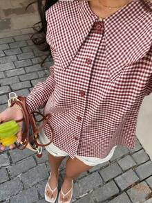 女士休闲格子衬衫，带口袋，适合日常穿着、通勤和休闲搭配，女士春夏衬衫，红色 - 紅色 - 查看 1