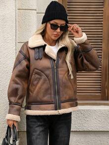 Women's Winter Faux Shearling Collar Warm Lambswool Flight Jacket - Dark Brown - View 7