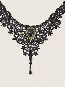Valisandre Women's Black Choker Necklace Set, Including Velvet Choker, Lace Choker - Black - View 2