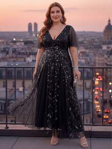 EVERPRETTY Plus Size Elegant Glamorous Butterfly Sleeve Heavy Embroidery Floral Sequin Contrast Mesh Sparkling Formal Evening Gown For Dinner Party Black Fall - Black - View 6