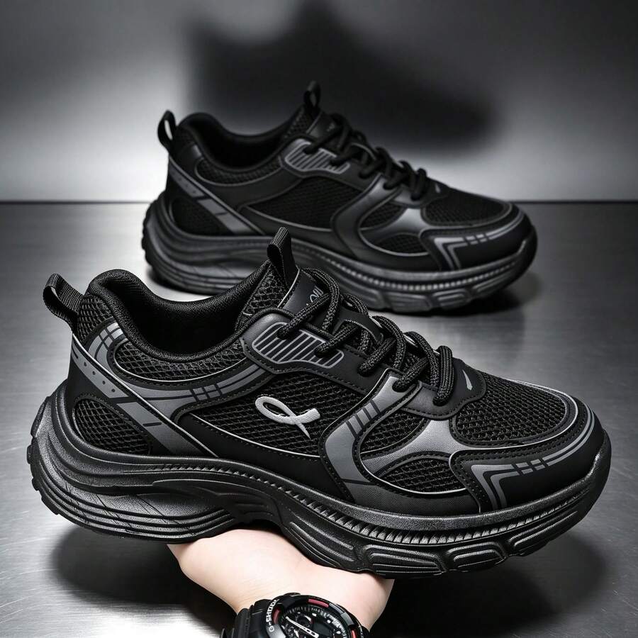 Men's Colorblock Mesh Thick Sole Height-Increasing Chunky Sneakers, Lightweight Lace-Up Casual Running Sneakers - Black - View 1
