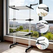 Shoze Foldable 3‑Tier Stainless Steel Laundry Drying Stand, Mobile Clothes Rack With Side Wings And Built‑In Wheels - Black - View 6