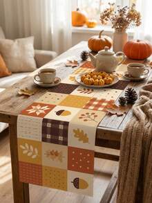 Autumn Geometric Patchwork Table Runner, Pumpkin Acorn Maple Leaf Element Combination Print Long Table Decor Cloth, Modern Country Style Thanksgiving Home Decor, Suitable For Dining Room Kitchen Daily Meals, Autumn Party - Multicolor - View 6