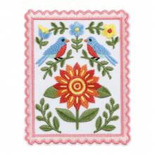 1pc Vintage Postage Stamp Shaped Embroidered Iron-On Patch, Pink Wavy Lace With Two Birds And Sunflower Floral Design, DIY Decorative Backed Badge For Jacket, Backpack, Canvas Bag, Denim - A - View 11