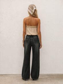 Women Mid‑Rise Vintage Washed Wide Leg Jeans, Dark Grey Loose Floor‑Length Denim Trousers, Retro Street Style For Casual Holiday Daily Outfits Boho - Grey - View 2