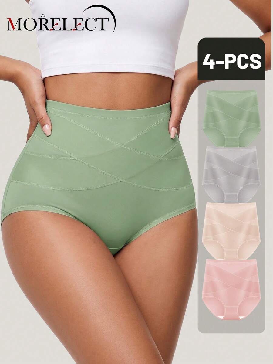 Morelect 4pcs/Pack Women's High Waist Panties, Comfortable, Skin-Friendly, Soft, Light Tummy Control