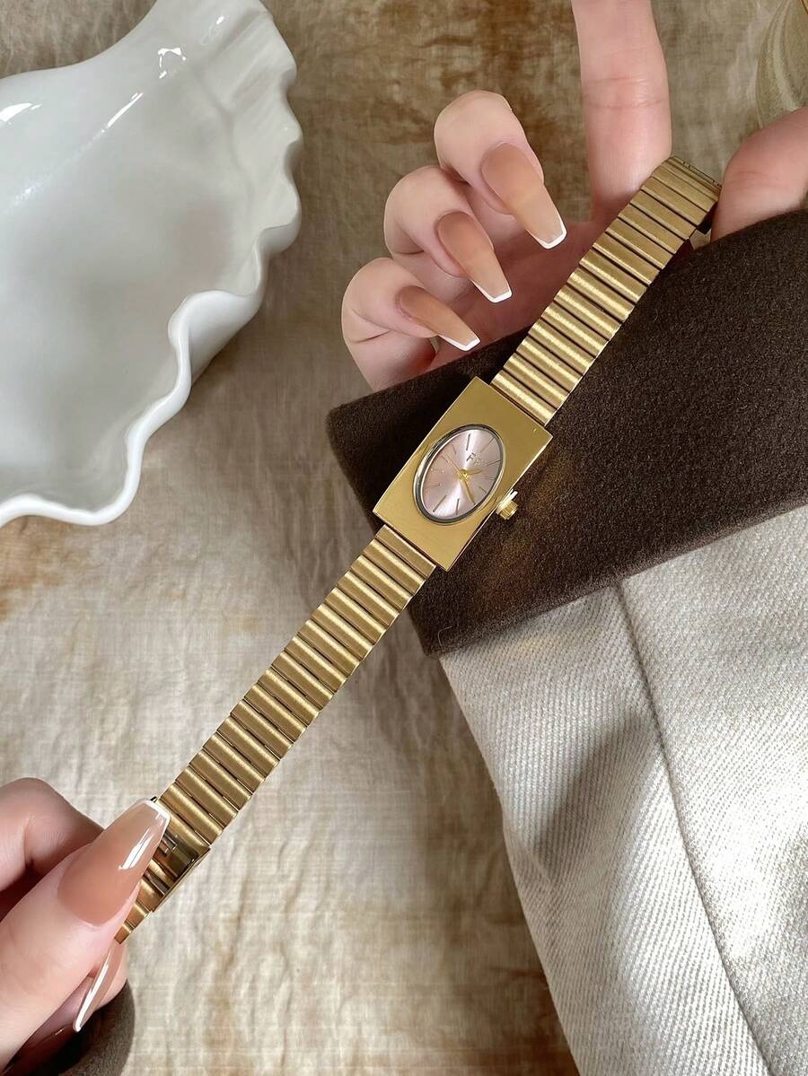 1件獨特金色方形錶殼橢圓粉色錶盤竹編錶帶手錶，時尚優雅，適合日常配戴 - 金色 - 查看 1