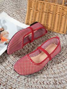 Square Toe Mesh Hollow Out Elastic Strap Mary Jane Flat Breathable Thin Ballet Style Shoes - Red - View 5