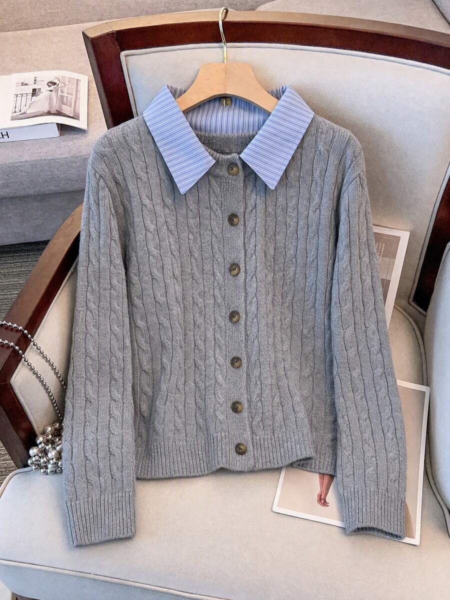 Women's New Winter Long Sleeve Polo Collar Knit Sweater Cardigan - Light Grey - View 1